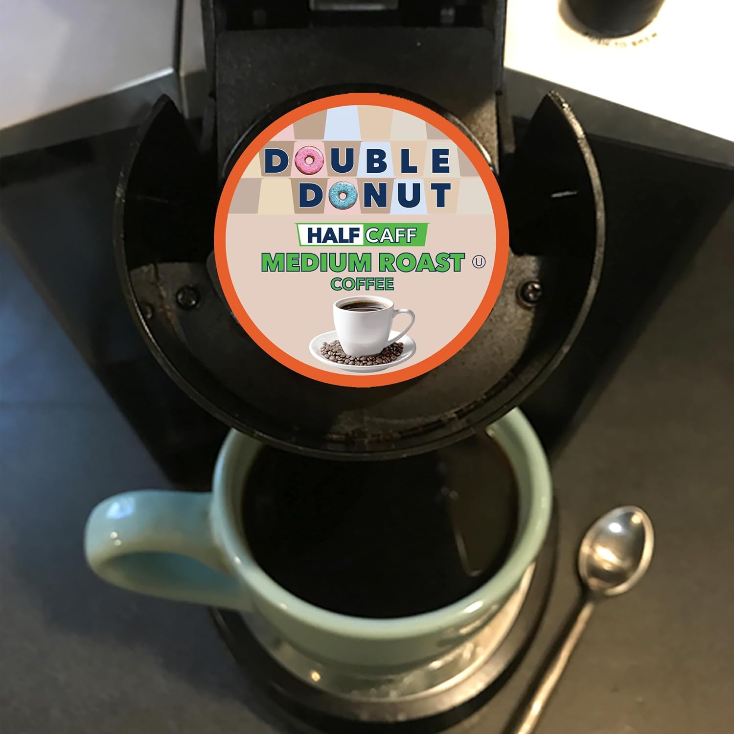 Double Donut Coffee Half Caff Coffee Pods, Single Serve Half Caffeine Coffee Pods For Keurig K Cup Brewers, Medium Roast, 72 Count