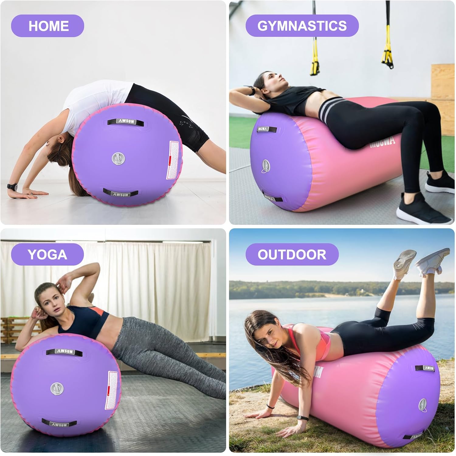 AWSUM Gymnastics Tumbling Equipment Barrel Inflatable Air Roller Thicken Octagon Mat Handspring Trainer for Cheerleading Training Home Use, Without Pump