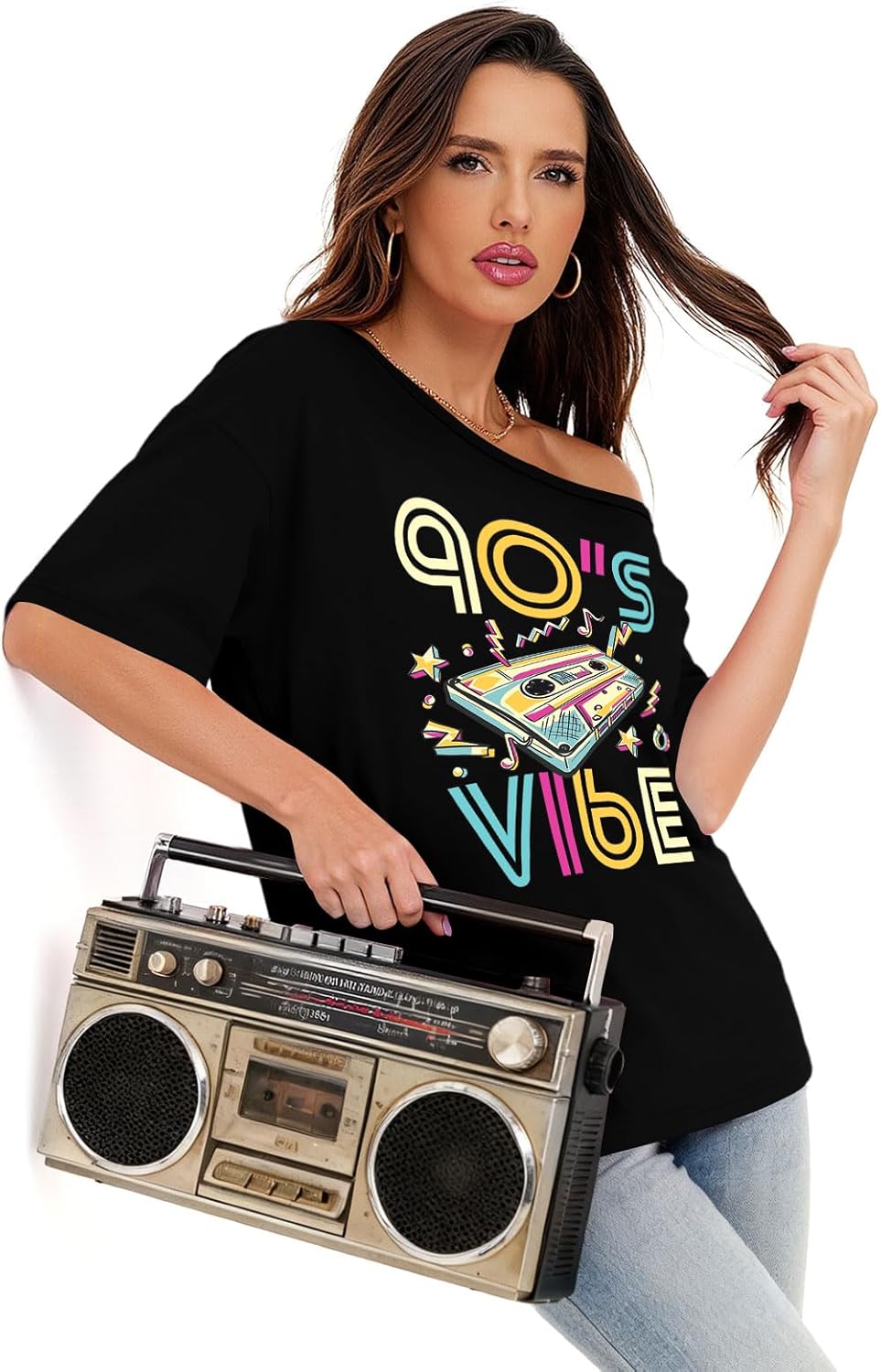 80s Shirts for Women Oversized Retro Off The Shoulder Top Disco 80s 90s Theme Party Outfit - Image 6