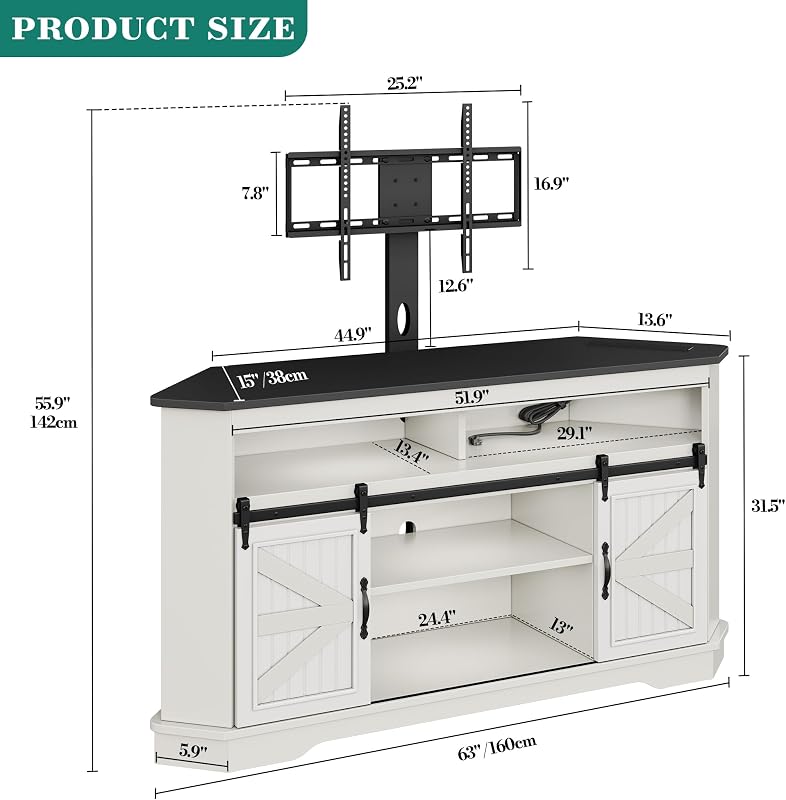 YITAHOME 63" Corner Farmhouse TV Stand with Barn Door, Mount, White Black image 4