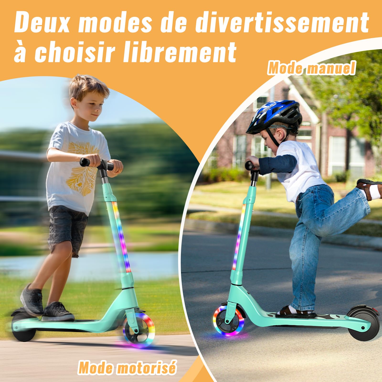 TST - Patinete eléctrico para niños de 6 a 8 a 10 años con luz LED Colorida y 3 Alturas Ajustables, 5,3 Pulgadas, Scooter eléctrico para niños, Carga máxima 70 kg, Velocidad máxima 10 km/h, autonomía