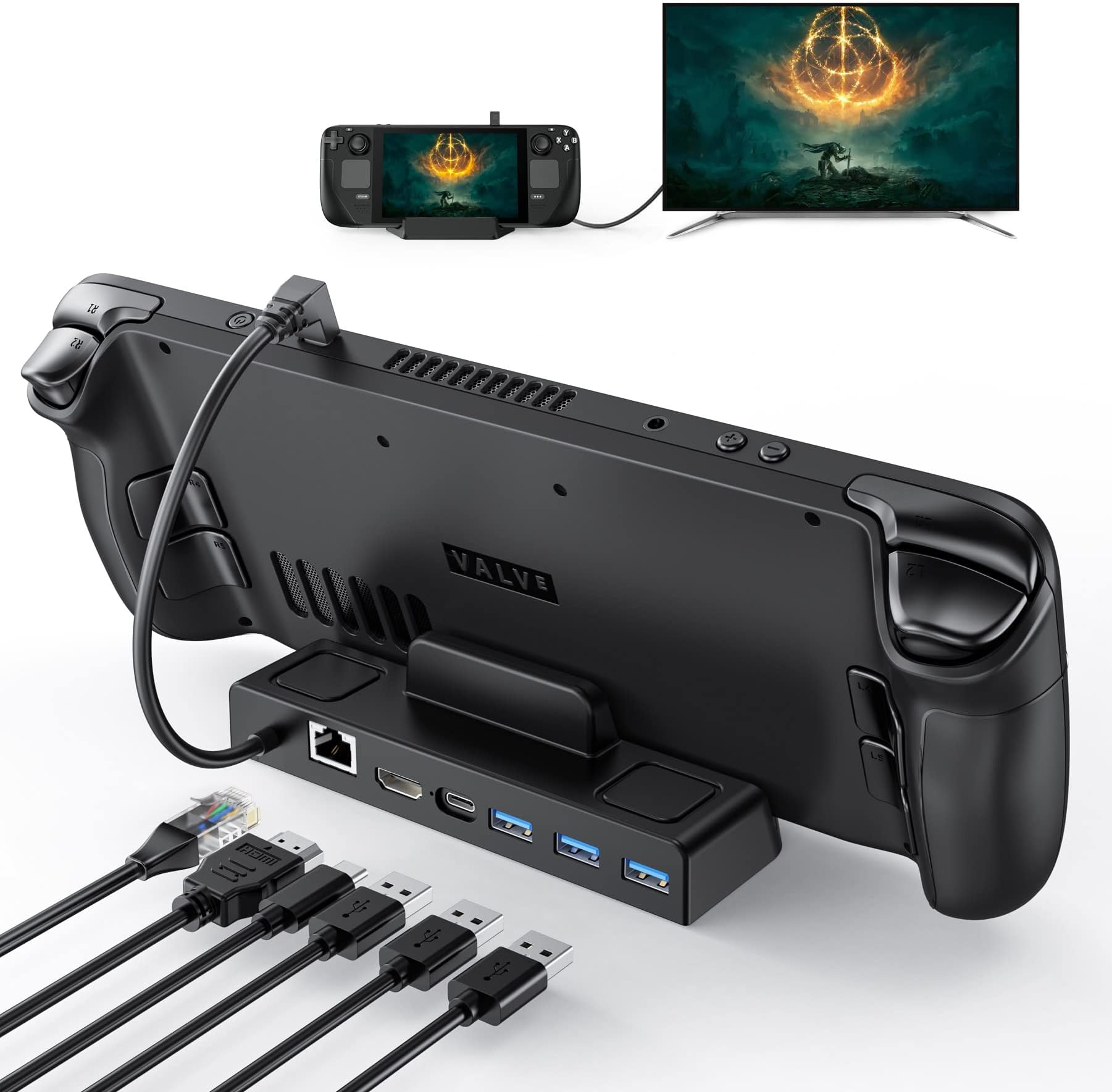 Docking Station for Steam Deck OLED 2023/Steam Deck 2021, 4K@60Hz HDMI 2.0, Gigabit Ethernet Port, 3 USB A 3.0 5Gbps Data Ports, 65W Power Delivery, Compatible with Valve Steam Deck Console