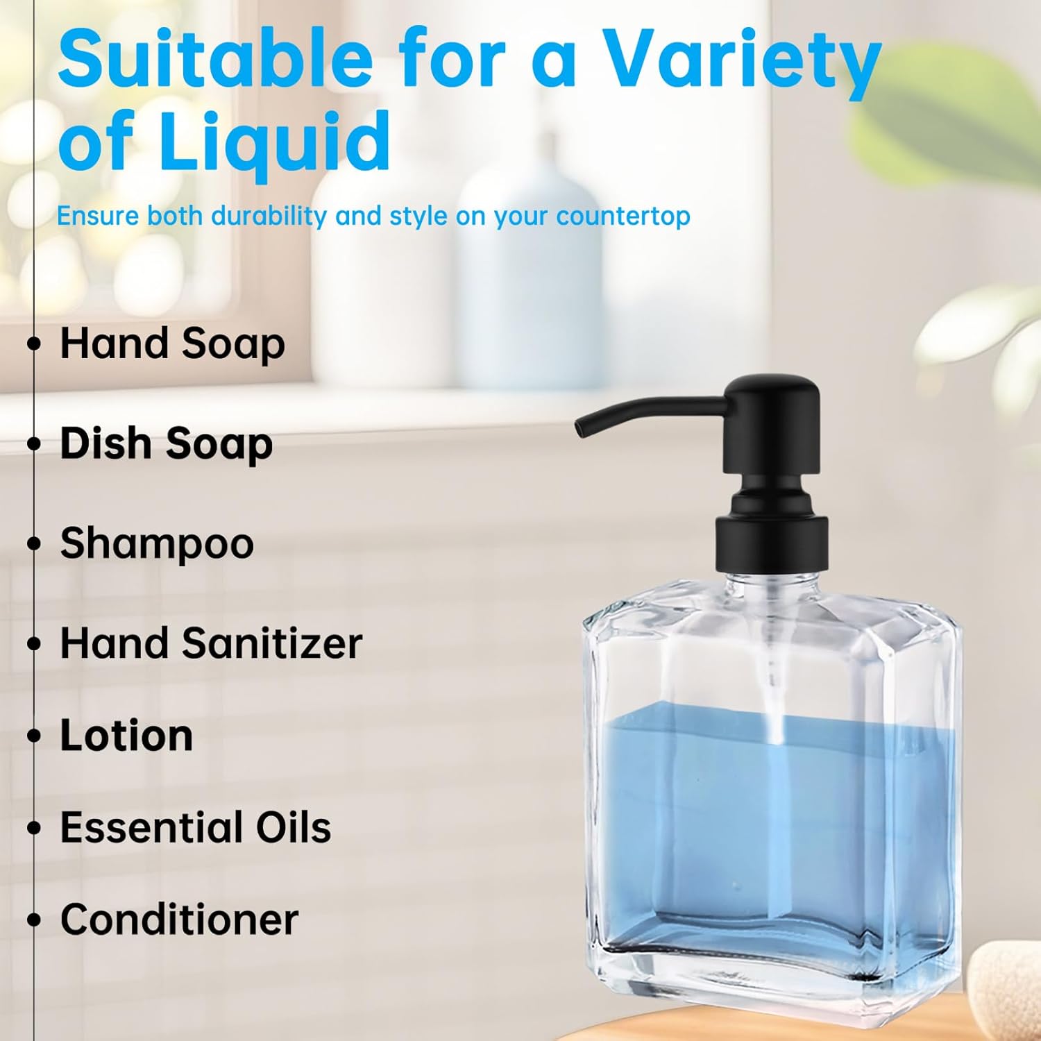 Clear Glass Soap Dispenser with Black Pump, 13.5 OZ Liquid Soap Dispenser Square with Stainless Steel Pump for Dish Hand Soap Bathroom Kitchen Vanity Countertop - Image 5