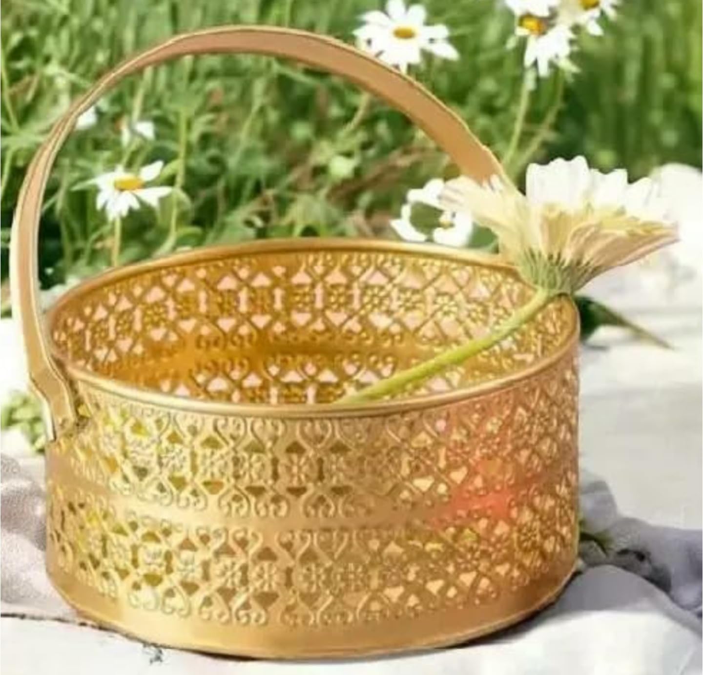 Spangle Zone Metal Round Flower Basket with Handle Best for Puja Dining Table and Home Decoration Fruit Basket(Gold)-image-30