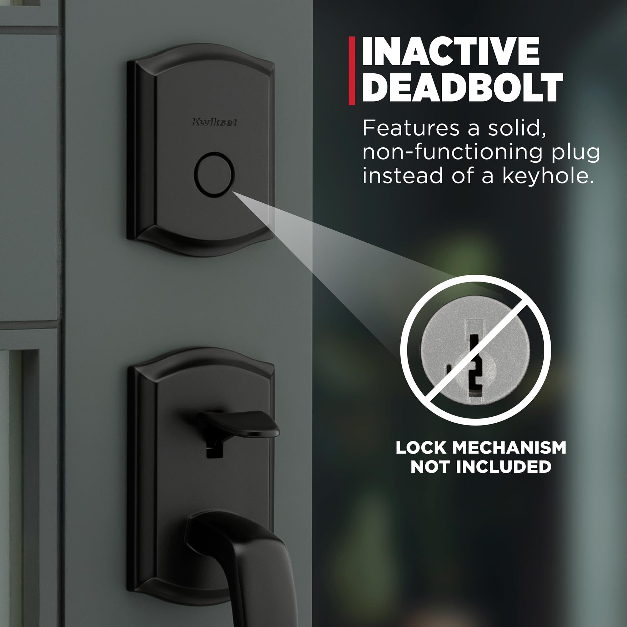Kwikset Prescott - Juego de manija y cerrojo de seguridad para puerta delantera, juego de manijas simuladas exterior con palanca reversible interior, cerrojo de seguridad de bloqueo seguro, negro mate