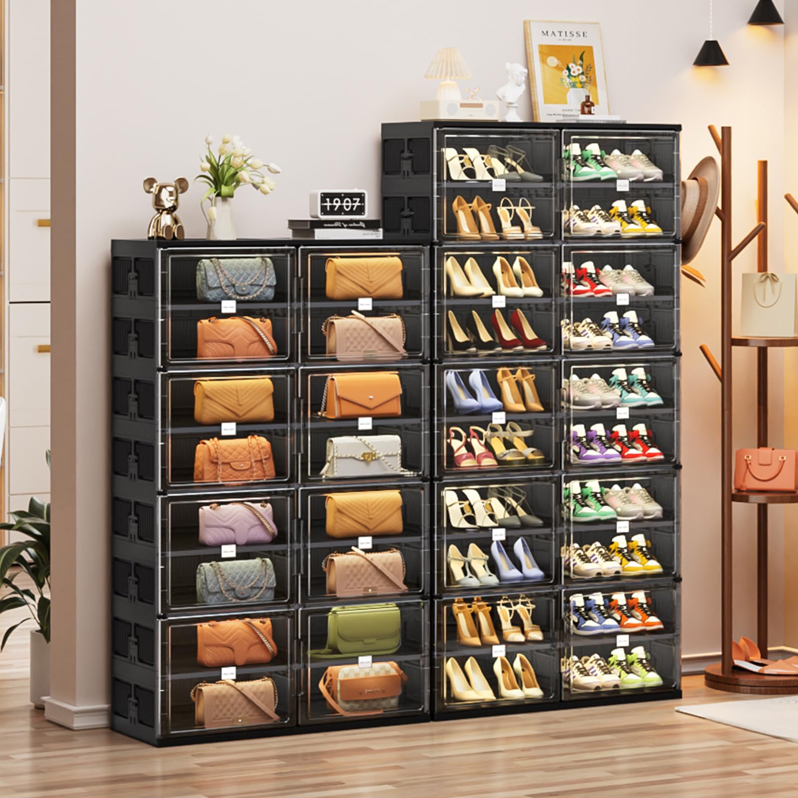 CubeDIY Scarpiera Portatile 48 Paia – Armadio Per Scarpe In Plastica Trasparente Con Coperture E Ganci – Organizer Impilabile Nero - 6