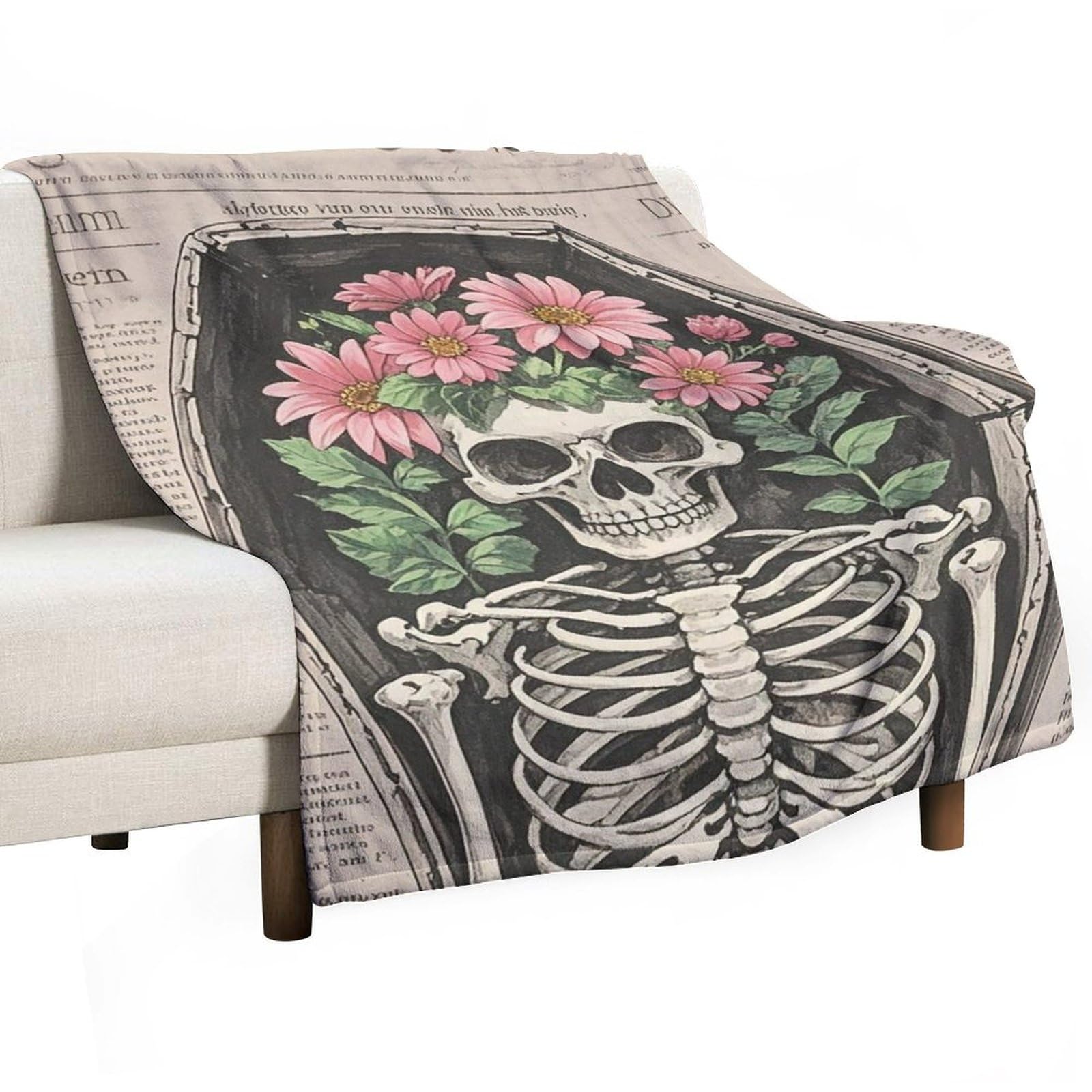 Couverture en flanelle imprimé squelette en fleurs douce légère lit