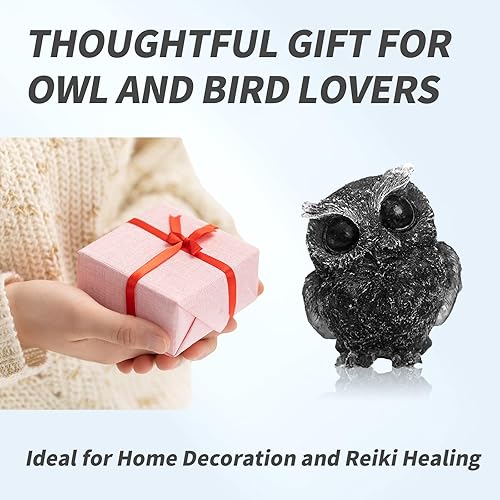 Miniatura 6 de Estatua de búho de obsidiana negra natural de 2.5 pulgadas, figura de piedras preciosas para decoración del hogar, figura de búho de piedra pulida,