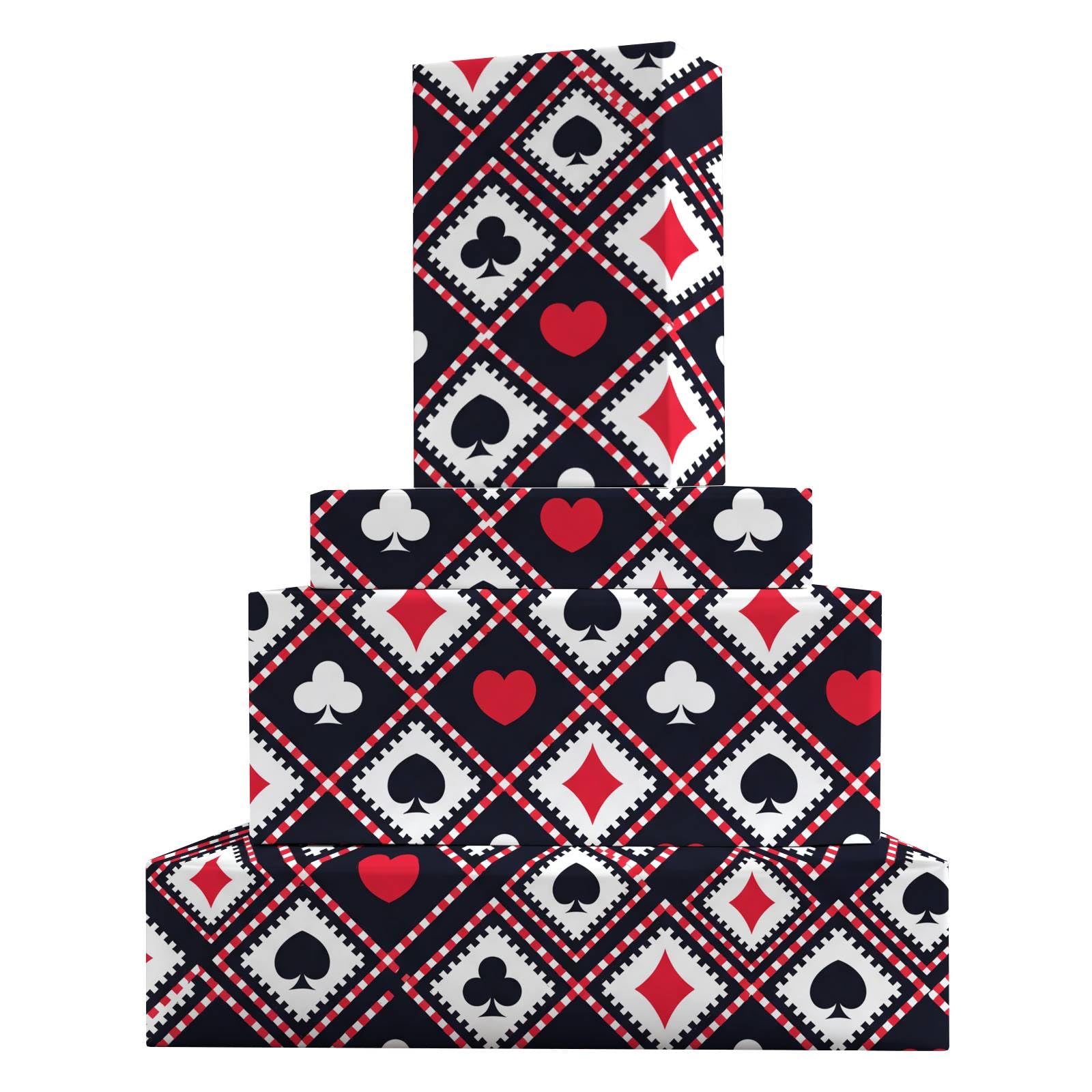 GleeWrap Playing Cards Wrapping Paper, 4 Sheets Poker Casino Gift Wrap with Hearts, Spades, Clubs & Diamonds Pattern for Birthday, Game Night, Casino Party Gifts, 50 x 70 cm