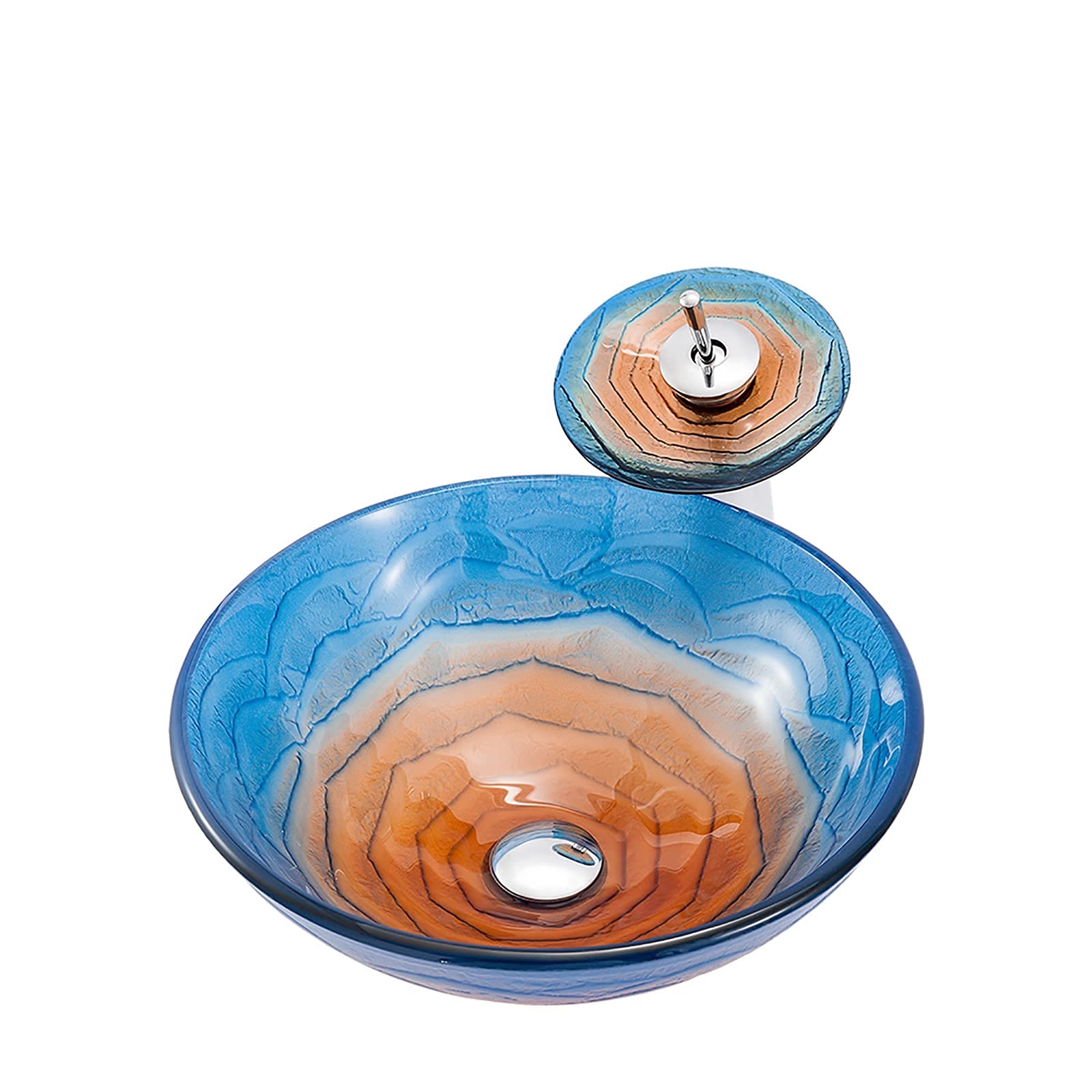 Gljtuo Bathroom Vessel Sink Vanity Tempered Glass Vessel Bowl Sink Round Countertop Sink Bowl Above Counter Sink Art Basin With Waterfall Faucet