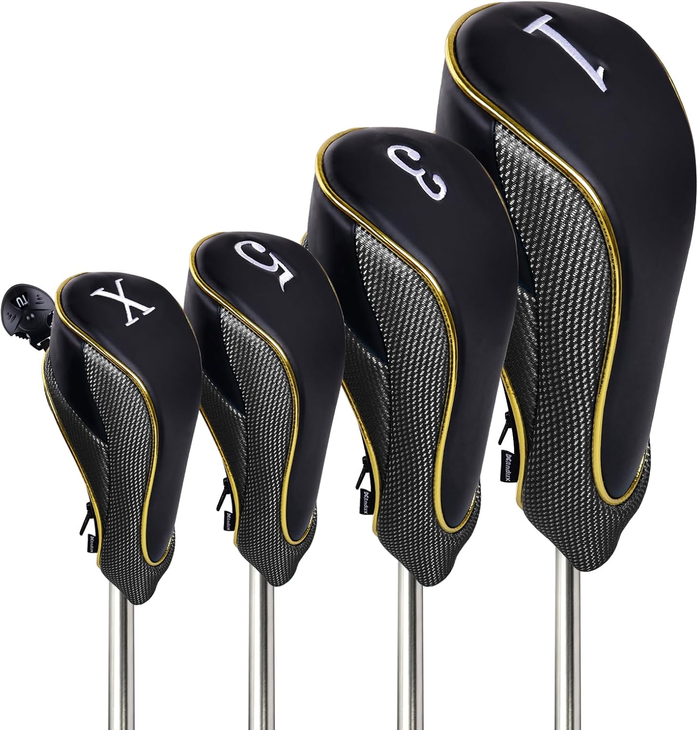 Andux 4Pcs/Set Gold Golf Wood Club Head Covers with Zipper MGMT30 | for 460cc Driver Fairway Short Neck Faux Leather and Nylon-mesh Embroidery thread Number