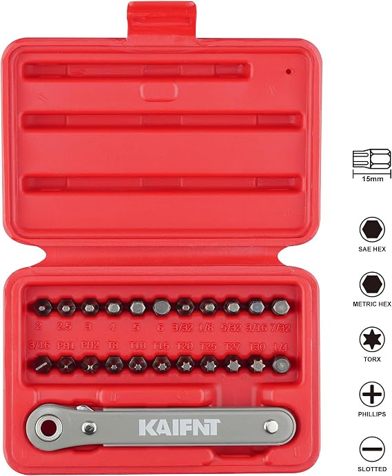 K451 Ultra Low Profile Screwdriver Bit Set with Mini Ratchet Wrench, 1/4-Inch Drive, 23-Piece