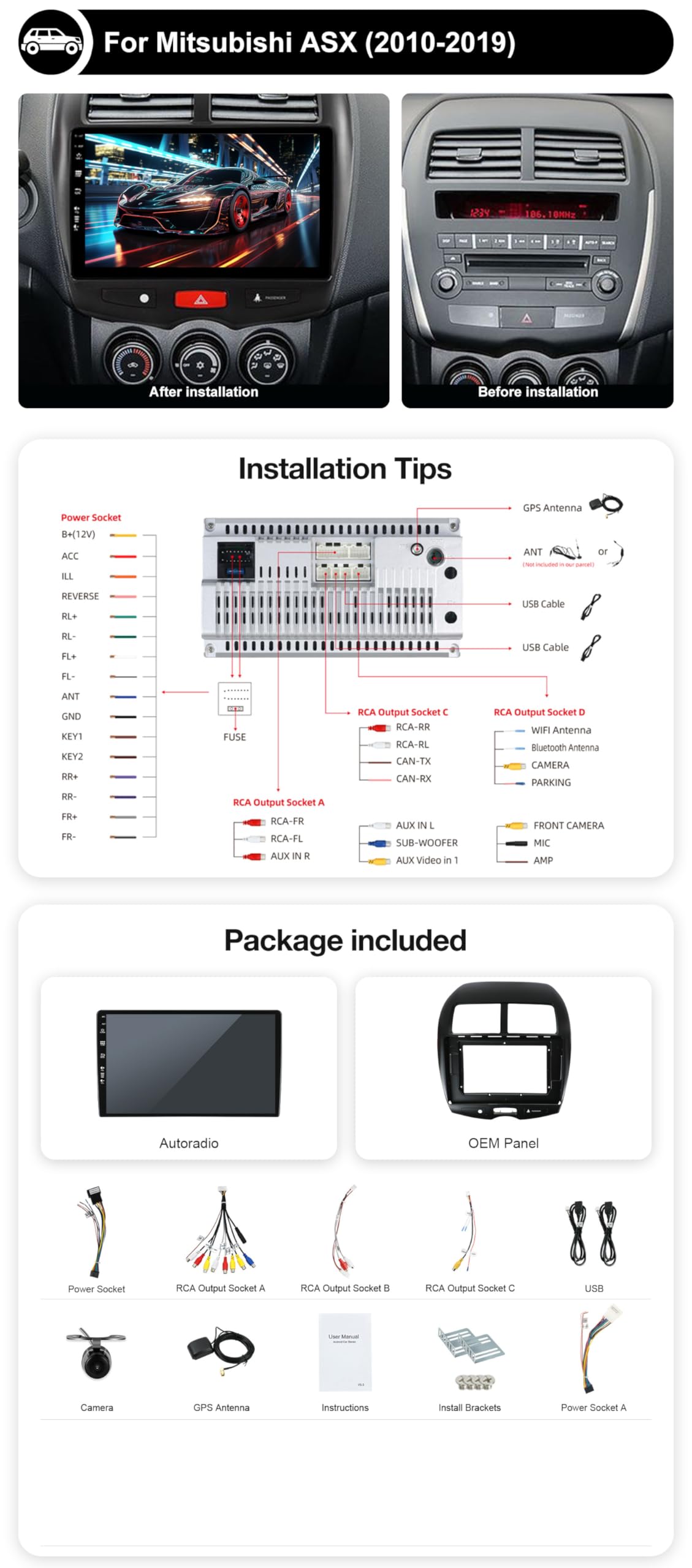 Android 15 IPS Autoradio Passt für Mitsubishi ASX (2010-2019) - Eingebautes CarPlay Android Auto - KOSTENLOS Rückfahrkamera - 2G+32G - 10.1 Zoll 2 Din - DSP DAB Lenkradsteuerung 4G Fast-Boot