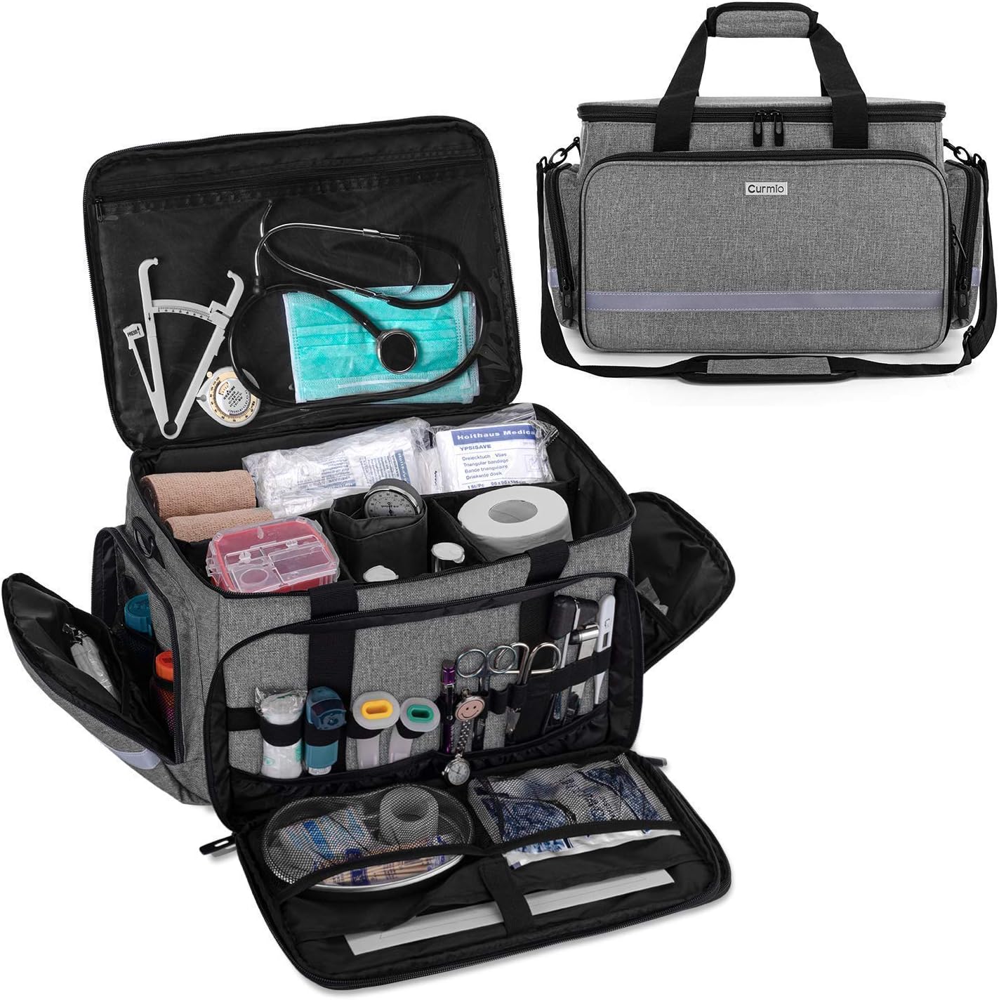 CURMIO Nurse Bag, Medical Bag Clinical Bag with Inner Dividers and No-Slip Bottom for Home Visits, Health Care, Hospice, For Nursing Students, Physical Therapists, Doctors,Gray (Patent Pending)