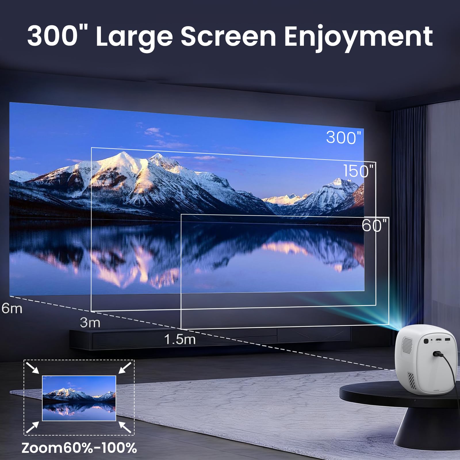 Proiettore 4K Lower Noise con Wi-Fi e BT5.2, accesso a app con un clic e audio 3D | Sistema operativo TV integrato, correzione automatica dell'immagine, HDR10, FHD nativo 1080p, ideale per home theater, bianco