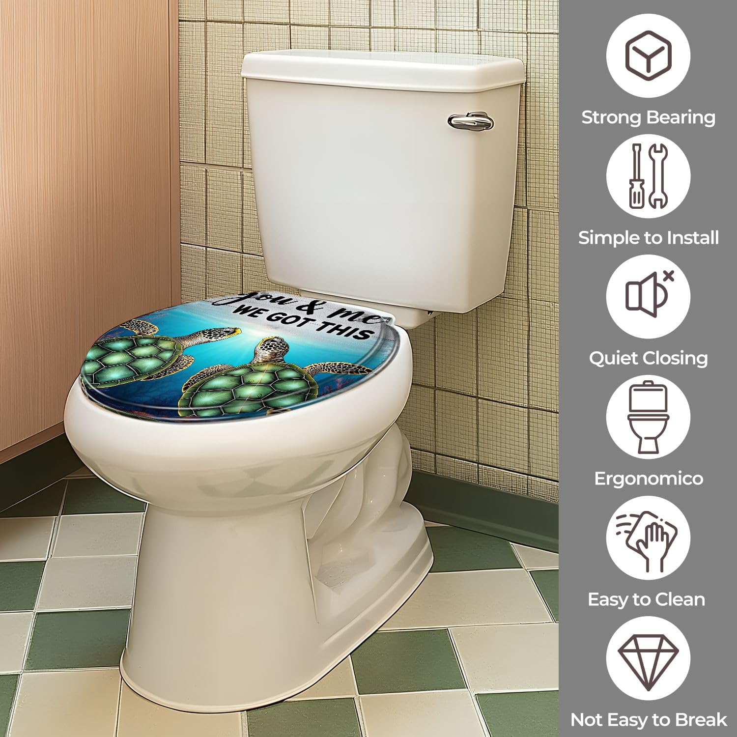 Asiento de inodoro decorativo con bisagras de liberación rápida para baño doméstico.