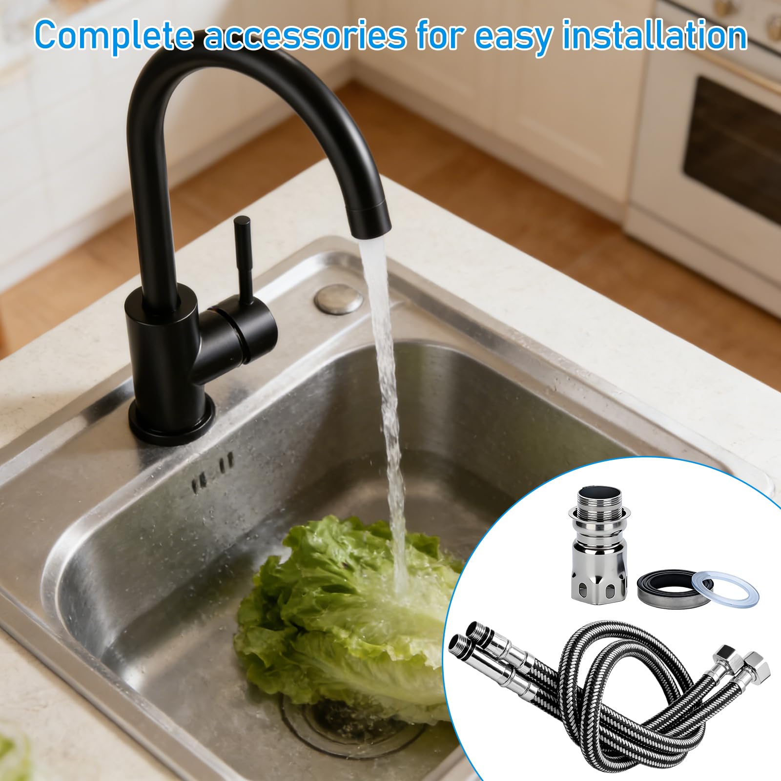 Robinet de cuisine pivotant à 360° - En acier inoxydable - Mitigeur monocommande - Robinet d'évier de cuisine avec tuyau de 60 cm - Raccords G3/8 - Noir
