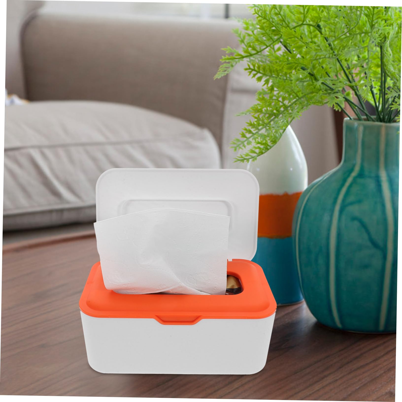 LABRIMP 2 Piezas Caja Dispensadora de Toallitas Húmedas Pequeña con Tapa Sellada Organizador Compacto para Pañuelos de Naranja y Gris Almacenamiento Portátil y Resistente al Polvo para
