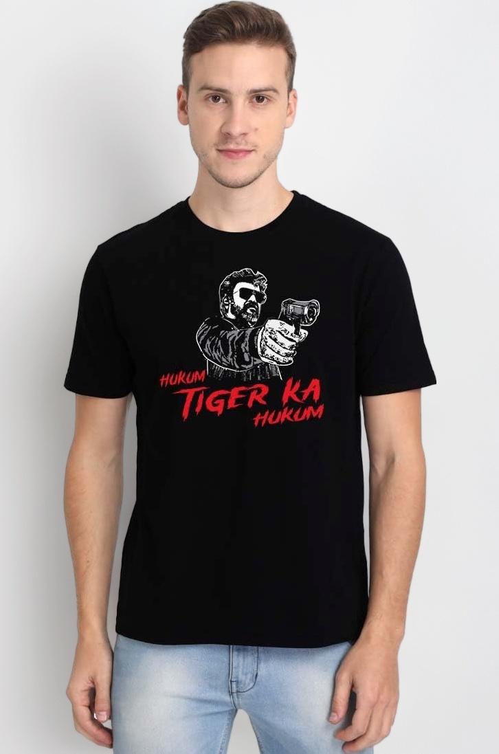 Hukum Tiger Ka Hukum Thalaiavar Men Half Sleeve Black Rajini T-Shirt