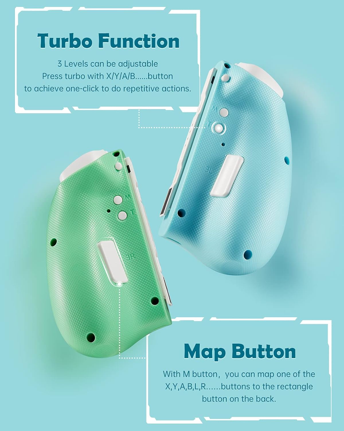 Illustration of the binbok JoyPad controllers highlighting the Turbo button (T) and the M button for mapping.