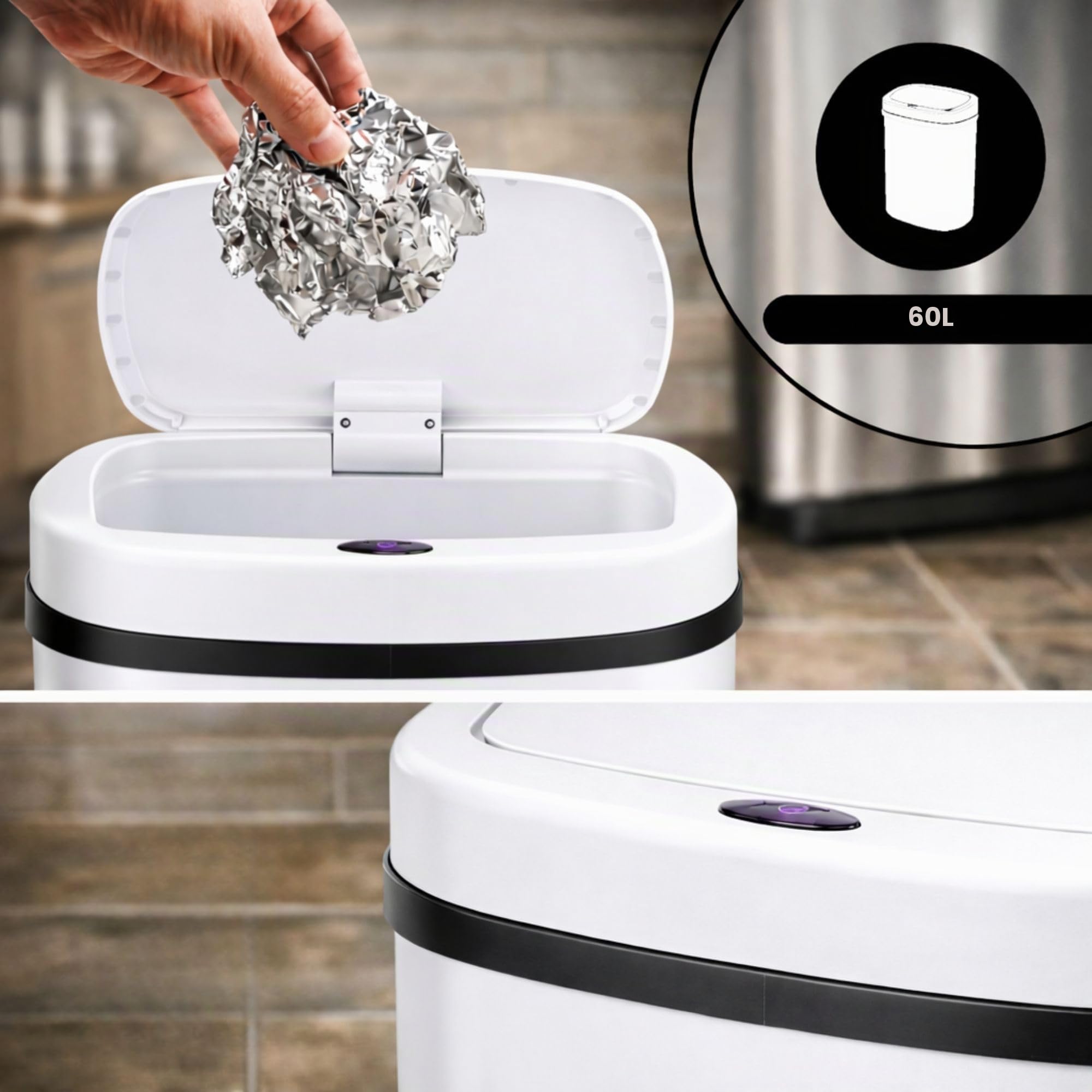 Bayt Cubo de Basura con Sensor 60 Litros - Papelera Automática Cocina sin Contacto, Gran Capacidad, Tapa Automática, Acero Inoxidable, Blanco