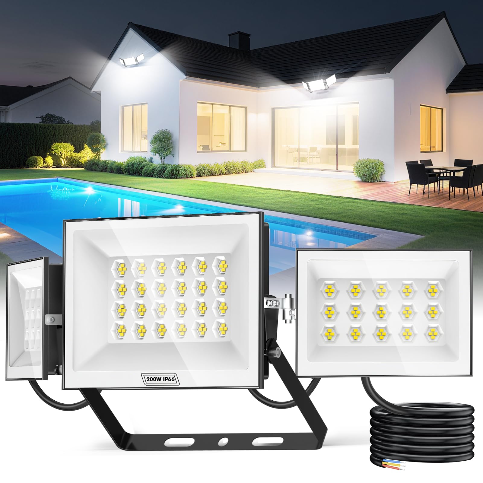 papasbox Reflektor zewnętrzny LED, 200 W, do ogrodu, garażu, na boisko sportowe