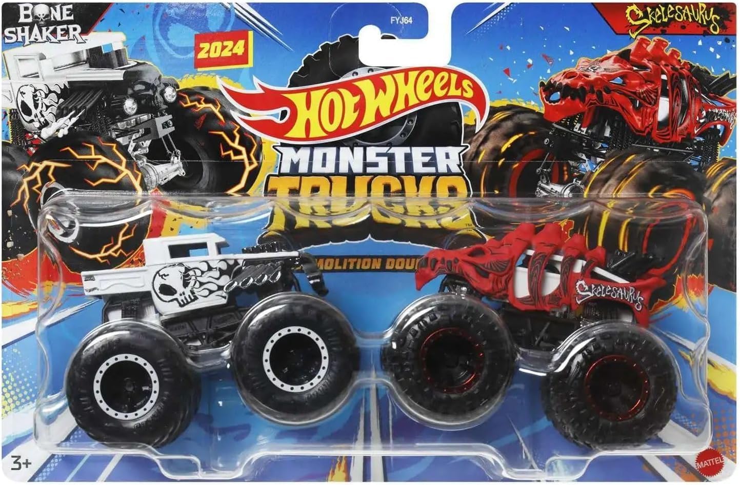 Hot Wheels Monster Trucks Demolition Doubles - 1:64 Scale, Bone Shaker vs Skelesaurus Power Smashers Metal Cars