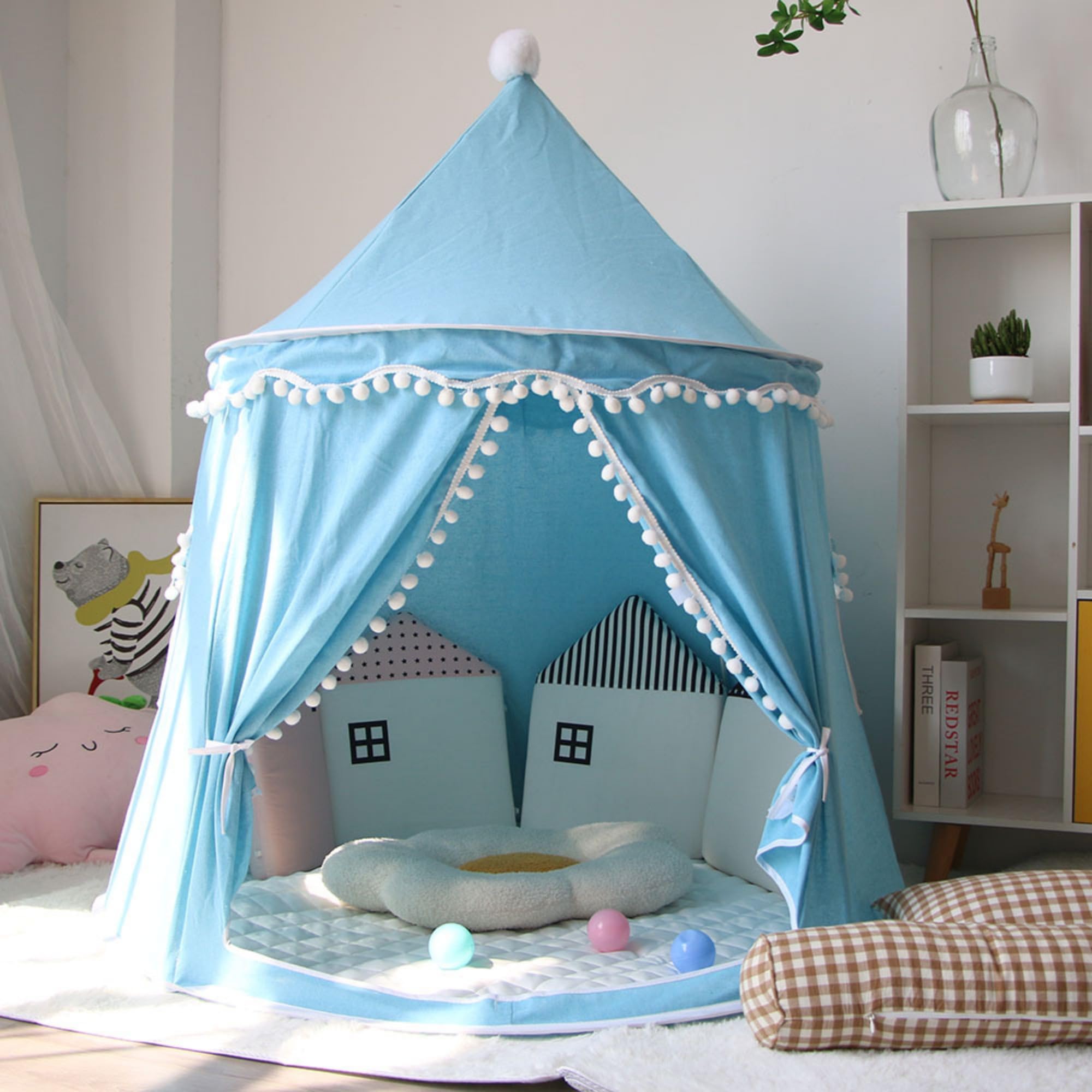 ZBELLO Kids Play Tent, 51x43 inch Kids Tent Indoor, Cotton Linen Prince Princess Castle, Children Gift for Game Party Birthday (Blue)