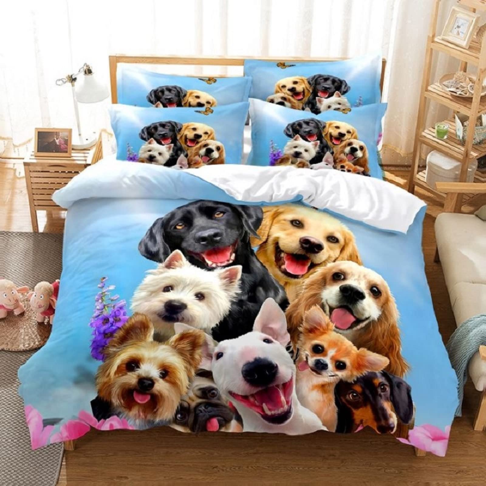 Parure de lit 220x240 adulte chien bleu avec housse couette 240x220 en microfibre