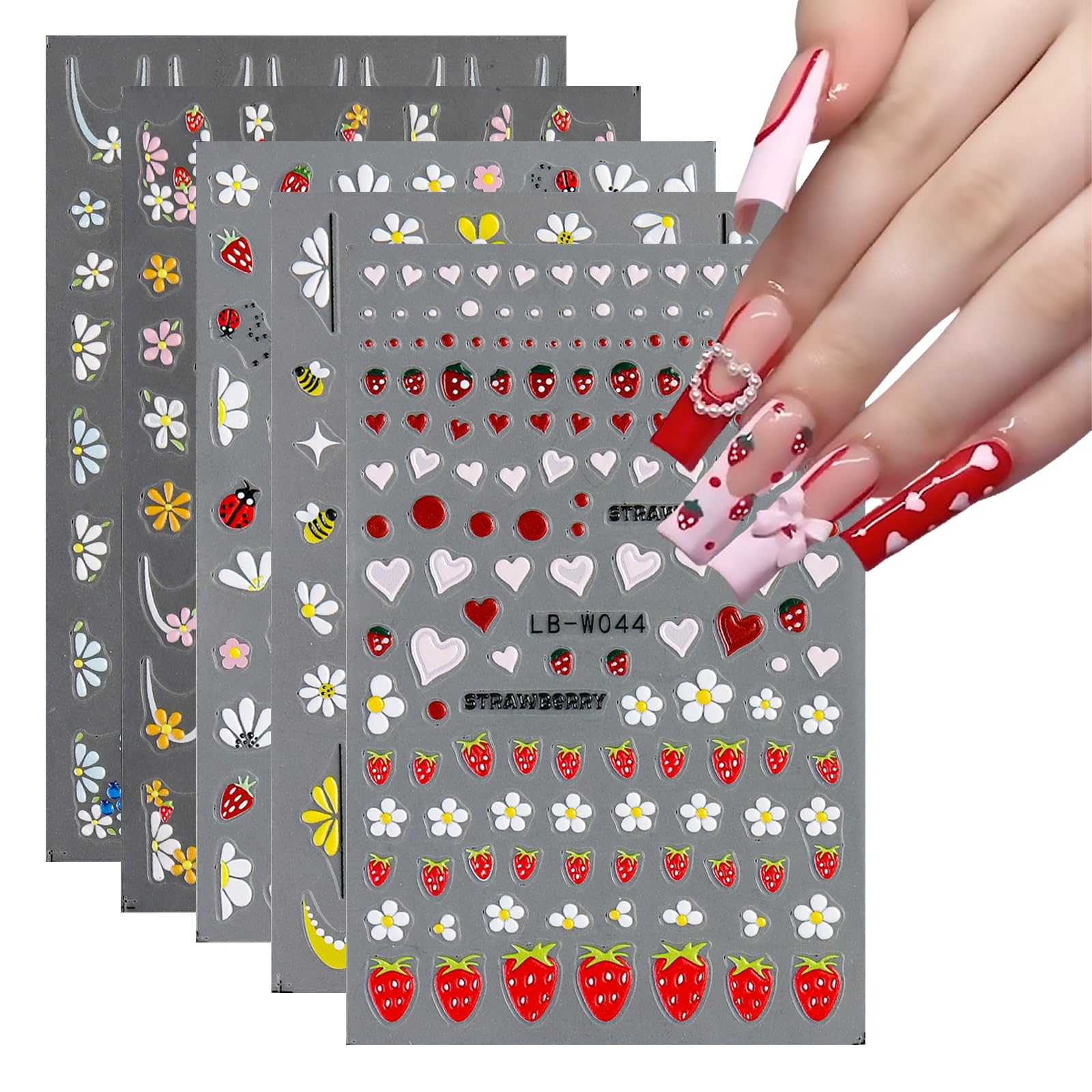 SUTOKAKA 5 Sheets 3D Strawberry Nail Art Stickers Decals 5D Self Adhesive Embossed Flower Fruit Ladybug Nail Supplies Colorful Spring Summer Nail Art