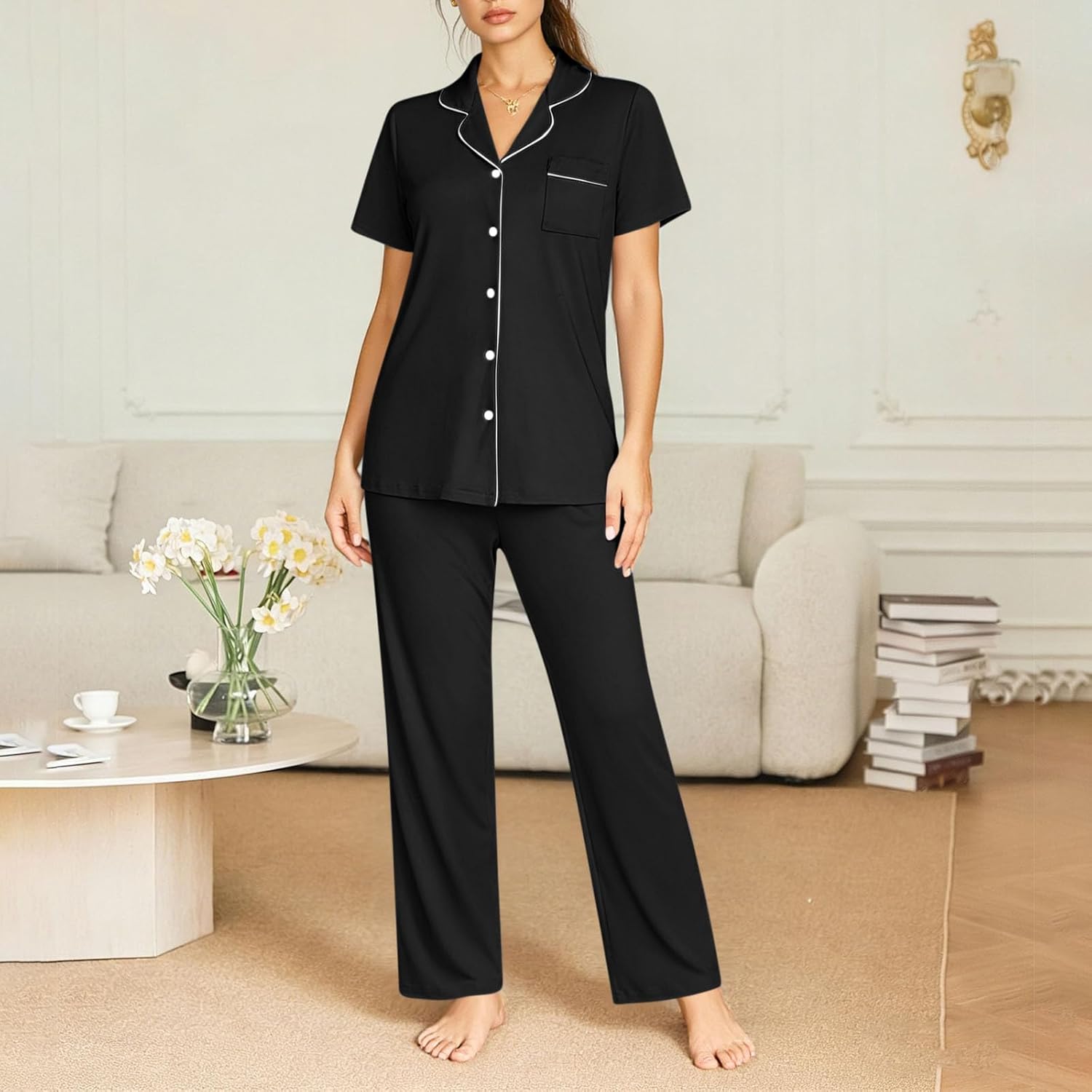 Xiaojmake Women Pajama Sets Long Sleeve Shirt and Pajama Pants 2 Piece Ladies Soft Sleepwear Button Down Pjs Set with Pockets