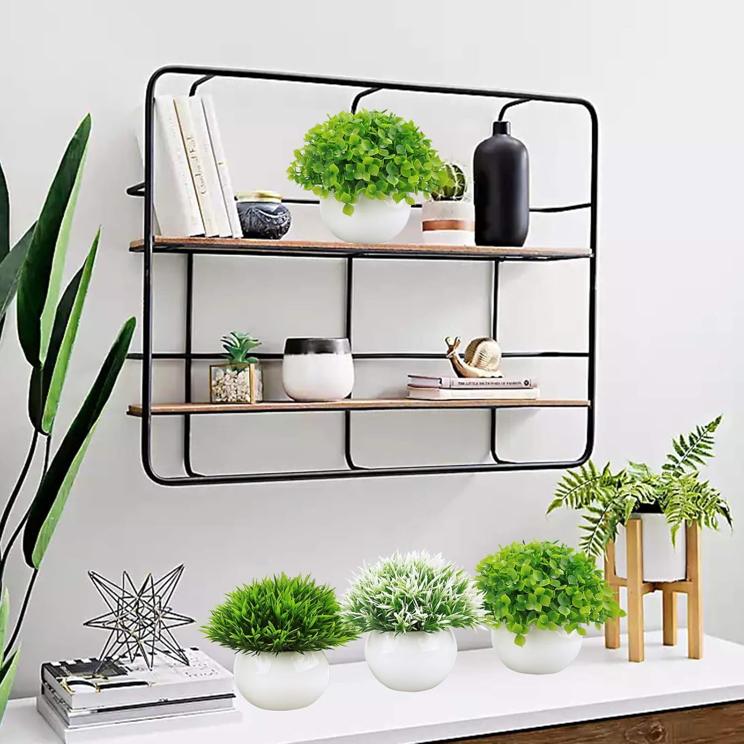 Summer Flower 5 Pack Mini Artificial Plants in Ceramics Pots for Bathroom Home Decor Indoor, 2 Fake Mini Plant Green Boxwood Potted,3 Grass Faux Plant in White Pot for Bookshelf Farmhouse Decorations : Home & Kitchen
