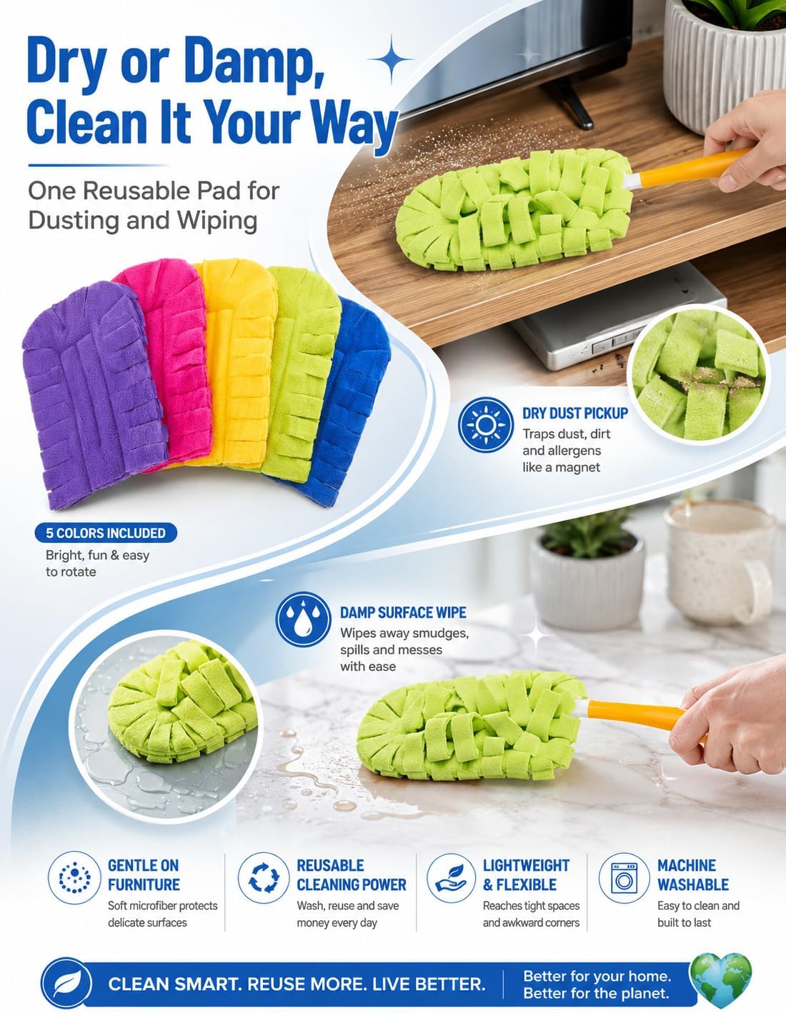 Duster Refills Damp Reusable Microfiber Pads Bendable Chenille Replacement Heads Dust with Removable Washable Cloth Covers with Extended Handle Fleece for Cleaning Dry Heavy Duty