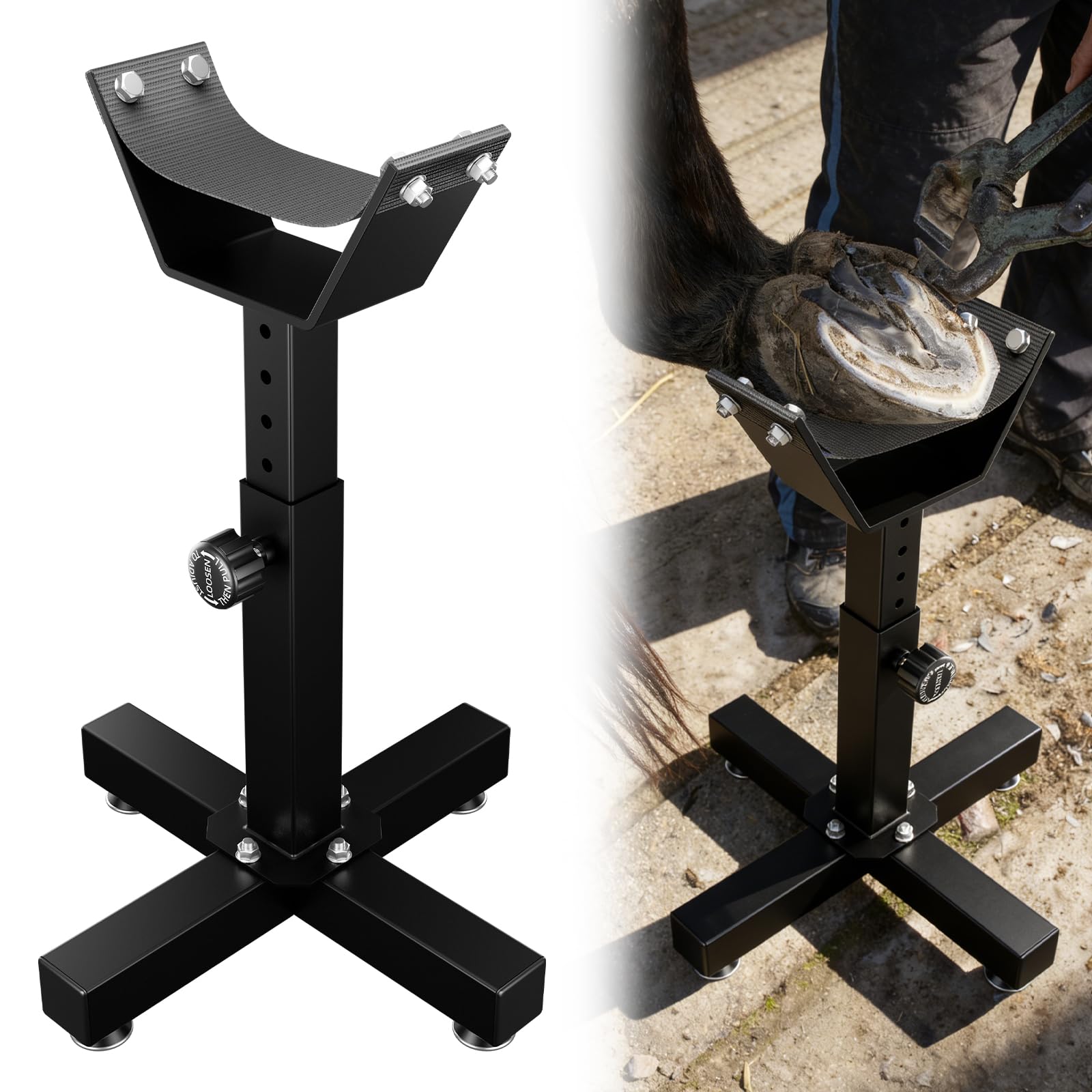 NULTRUMA Adjustable Farrier Stand for Horses | Hoof Trimming, Shoeing & Veterinary Care | Heavy-Duty Metal Construction, Height-Adjustable, Interchangeable Cradle & Post Support
