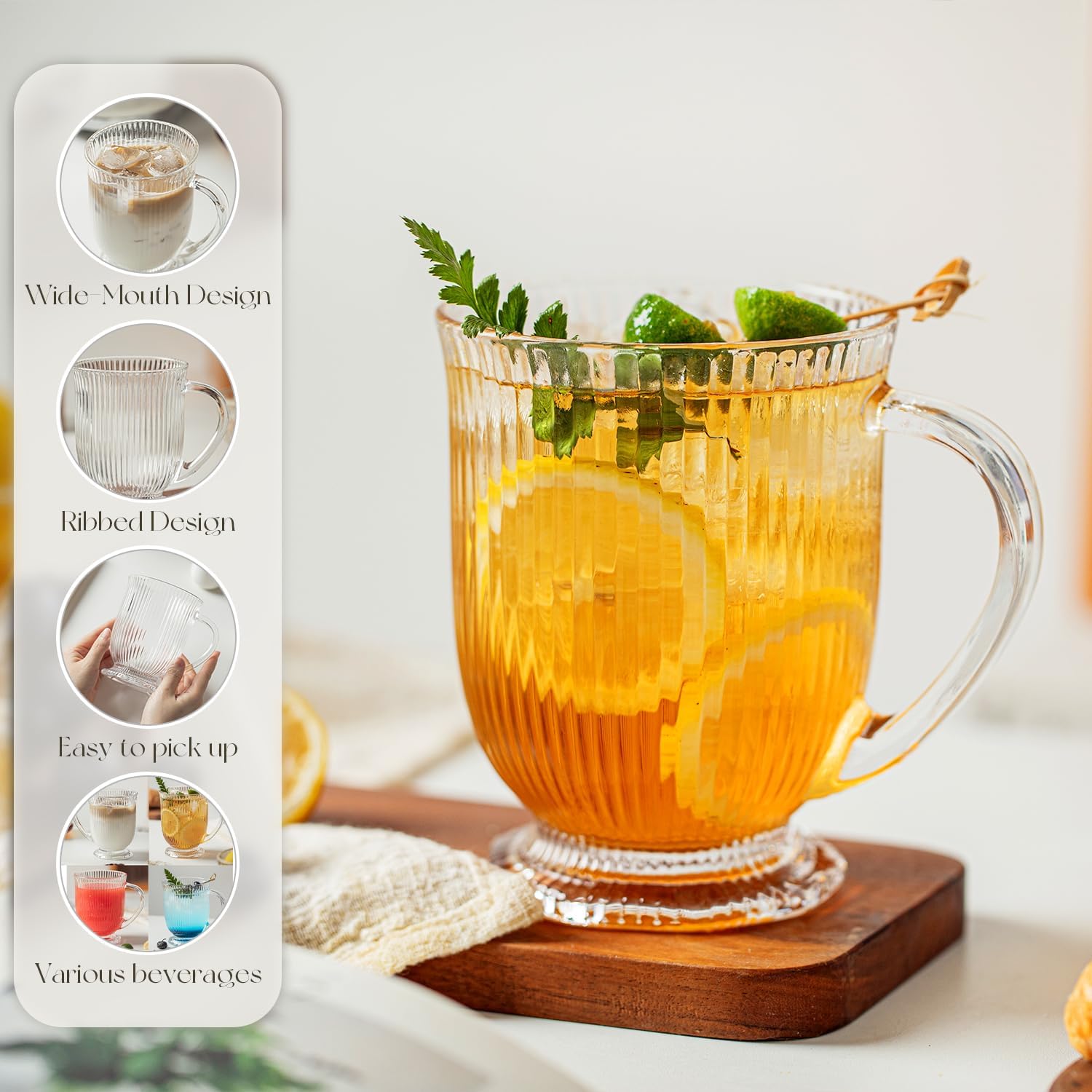 Glass Coffee Mugs Set of 4, Ribbed Large Coffee Mug 16 Oz With Handles for Hot Beverages, Clear Mugs for Tea, Cappuccino, Latte, Espresso Coffee, Glass Coffee Cups Large Coffee Mug, for Hot Beverages - Image 6