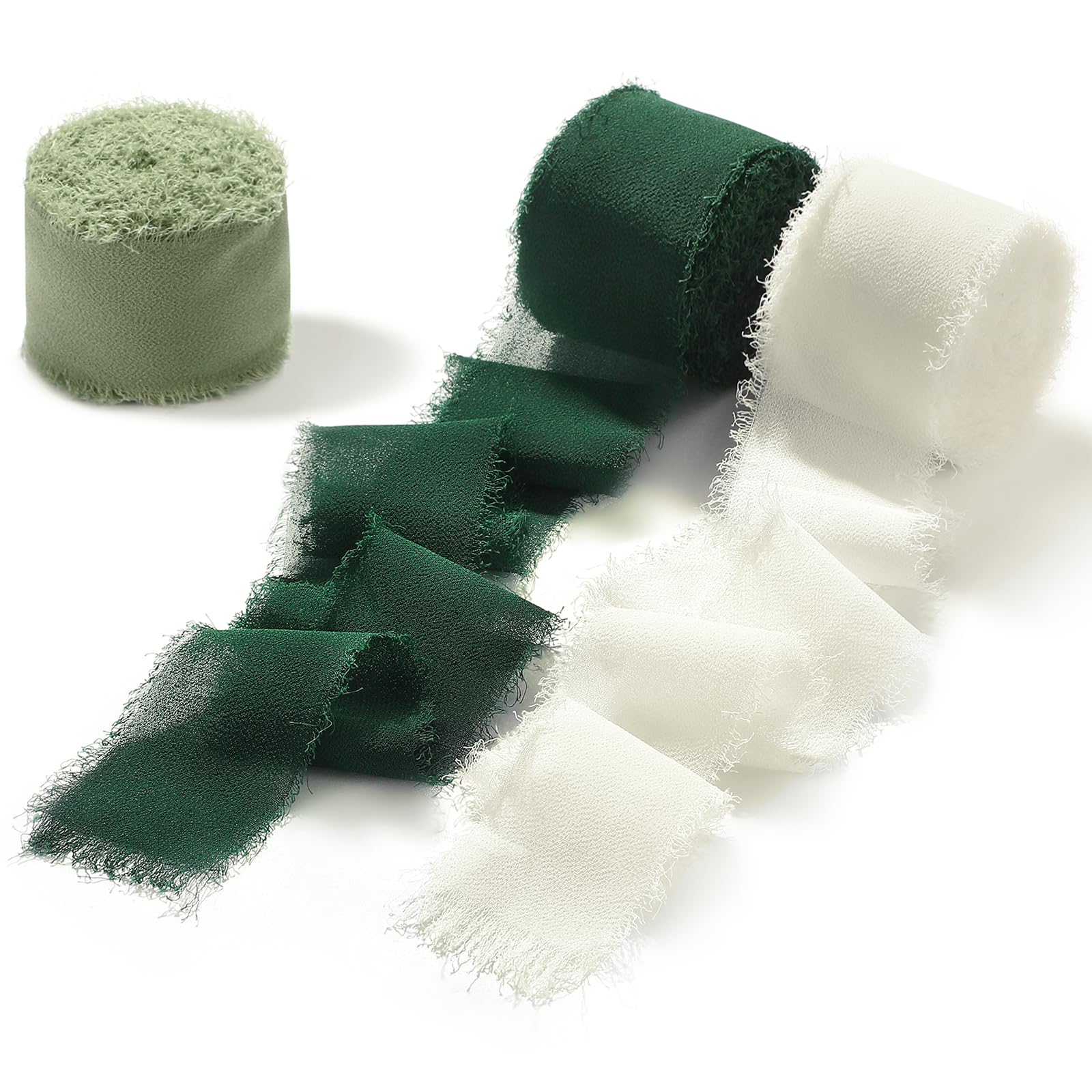 Photo 1 of 1.57" x 24 Yd Chiffon Ribbons for Gift Wrapping Flower Bouquet Crafts,Handmade Frayed Ribbon for Wedding Bridal Shower Christmas St. Patrick's Day Decorations (Ivory/Forest Green/Sage Green)