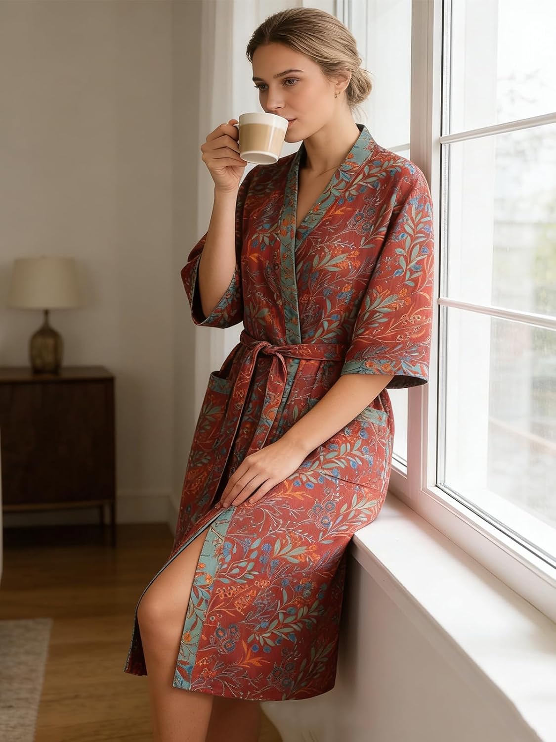 Cotton Gauze Robe for Wome Plus Size Kimono Robe Muslin Bathrobe with Belt Pocket Loungewear Yukata Sleepwear