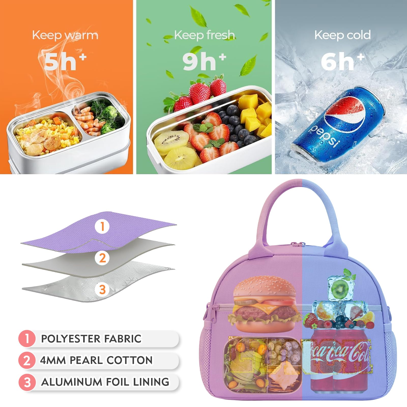Beaulyn Lunch Bag for Women, Preppy Lunch Box for Girl, Large Insulated Lunch Bag with Adjustable Shoulder Strap, Reusable Lunch Tote Bag with Chenille Letter for Work School Picnic - Image 4
