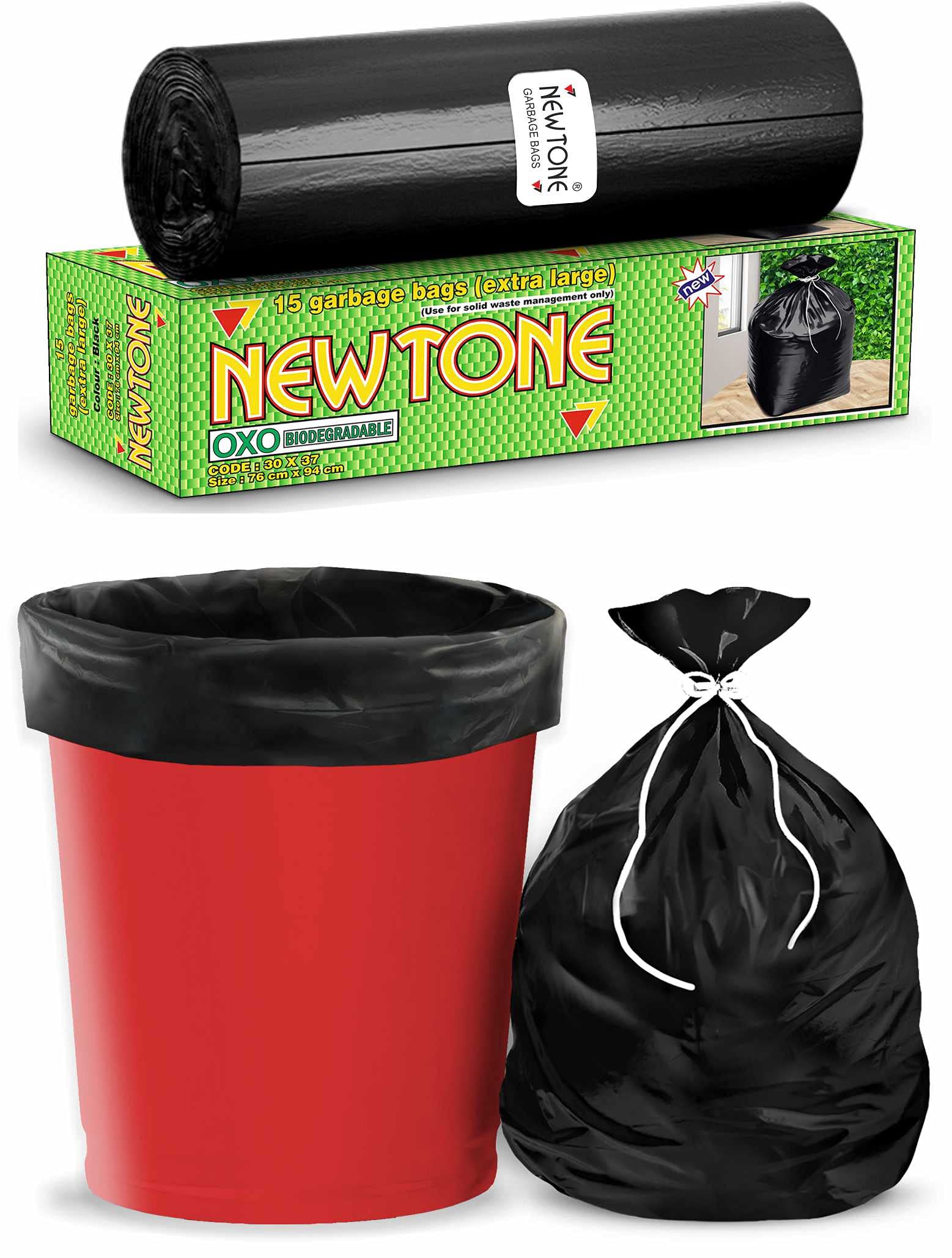 Newtone Garbage Bags | Extra Large 30 X 37 Inches | 90 Bags (15 Bags X 6 Rolls) | Dustbin/Trash bin | Box Packing | (Black) - Perforated Box for Easy Dispensing