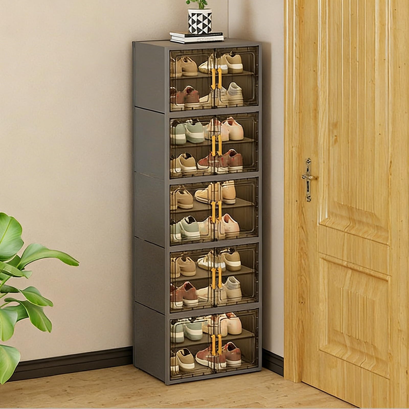 Składana szafka na buty z magnetycznymi przezroczystymi drzwiami, zajmujące mało miejsca, plastikowe pudełka do przechowywania do przedpokoju (47 x 32 x 152 cm)