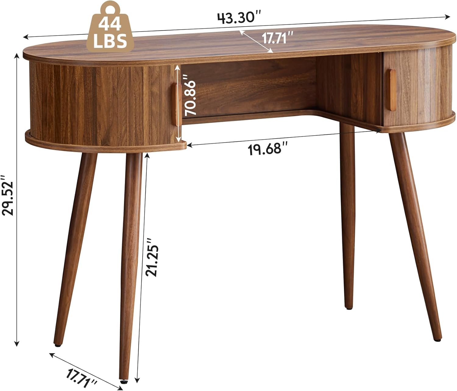 AVZEAR 43" Oval Fluted Home Office Desk, Small Computer Desk Mid Century Modern Vanity Table with Sliding Tambour Door, Wooden Writing Study Desk for Small Spaces, Bedroom, Office(Wlanut)