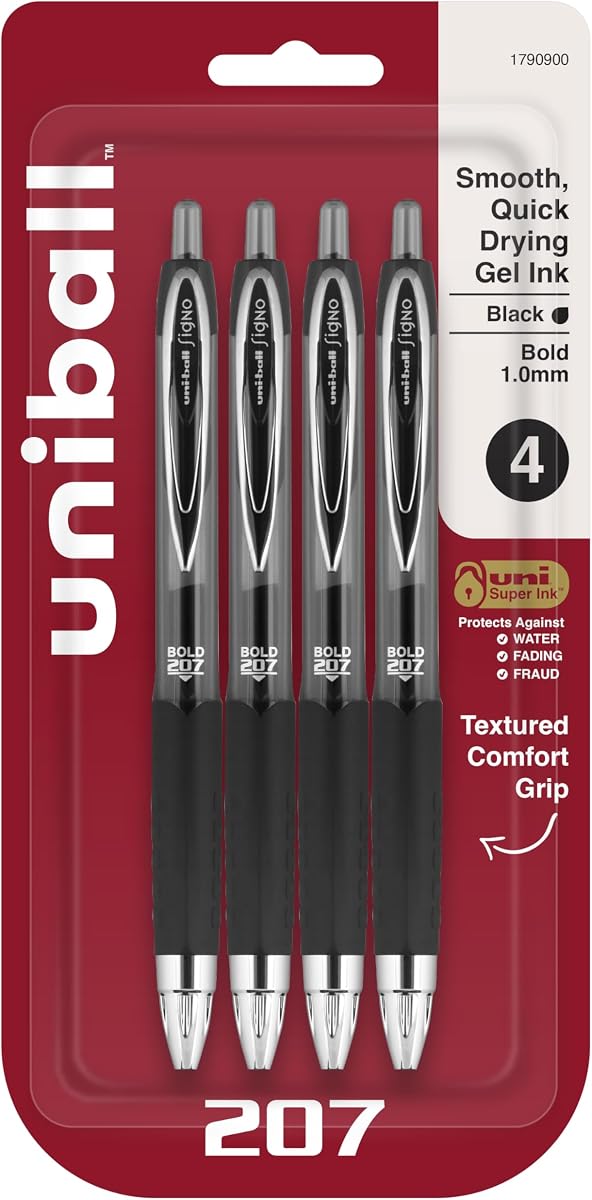 Uni-Ball® 207™ Retractable Fraud Prevention Gel Pens, Bold Point, 1.0 mm, Translucent Black Barrels, Black Ink, Pack Of 4