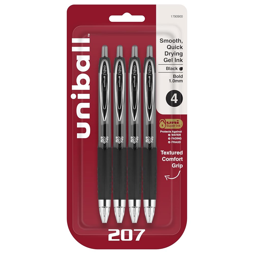 Uni-Ball® 207™ Retractable Fraud Prevention Gel Pens, Bold Point, 1.0 mm, Translucent Black Barrels, Black Ink, Pack Of 4