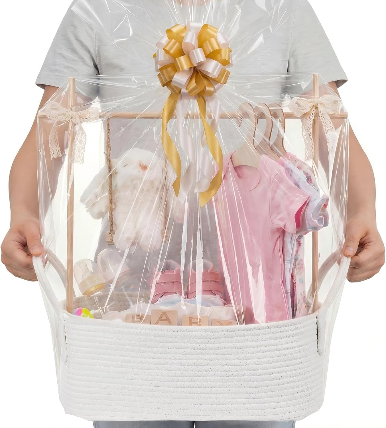 Large Baby Shower Basket, Baby Crate Closet 17.7" x 11" x 6.3" Woven Baskets with Clothes Hangers and Gift Bag New Born Empty Storage for Welcome Gift Pregnancy New Parent(White)