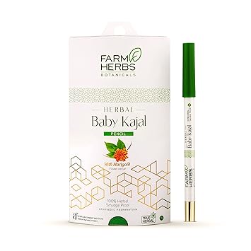 Farmherbs 100% Herbal Kajal Pencil for Baby - Certified Lead-free, relaxing creamy texture, natural black color, 100% plant based with Marigold, waterproof, Preservative-free with advanced herbal technology from renowned eyecare institute
