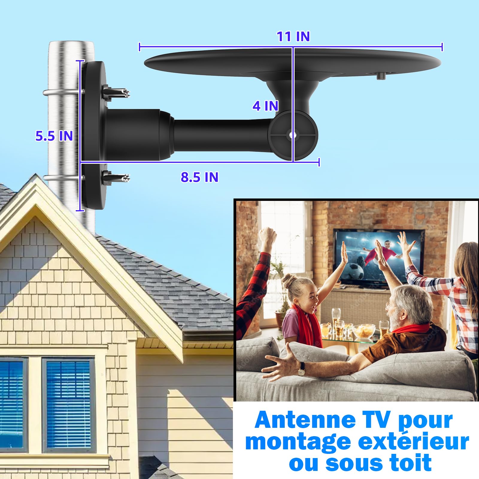 Antenna TV esterna TNT HD con amplificatore, rastrello DVB-T2 a lungo raggio a 360°, segnale digitale stabile 4K UHD, resistente alle intemperie, compatibile con Smart TV