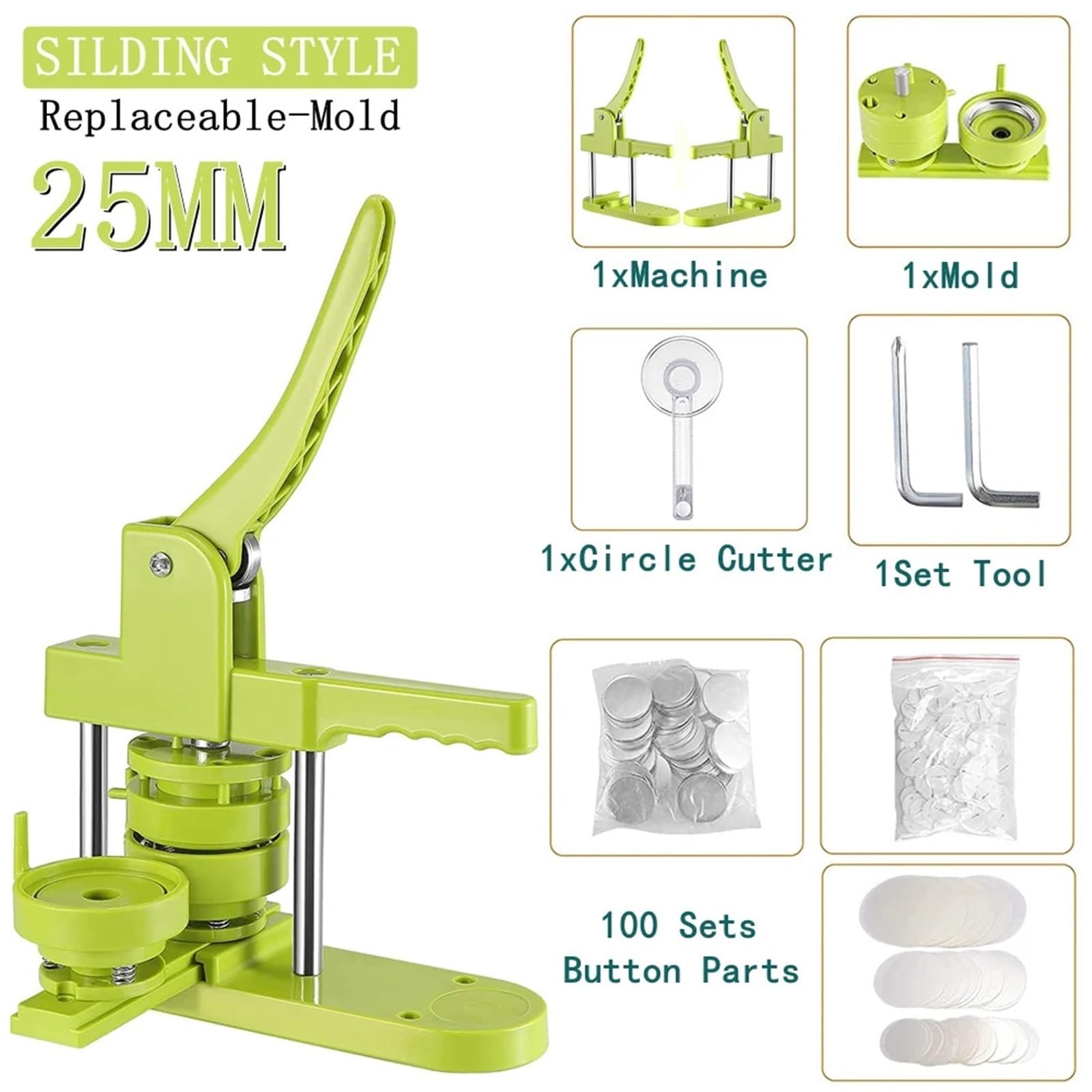 Pin Badge Making Kit Macchina per la creazione di bottoni distintivi da 25 + 32 + 58 mm Para parti di bottoni da 300 pezzi + taglierina circolare + stampo(25MM)