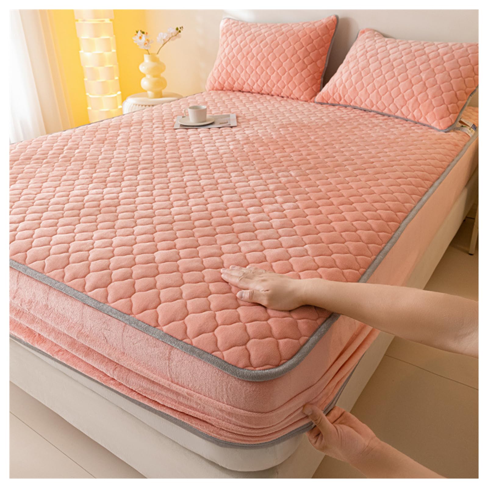 GOFOHIMI Thickened Quilted Fitted Sheet Protector with 2 pillowcases,All-Inclusive Stretch Bed Sheet Mattress Protective Cover Milk Fleece Bedspread for Bedroom Decor,light pink,120 * 200cm