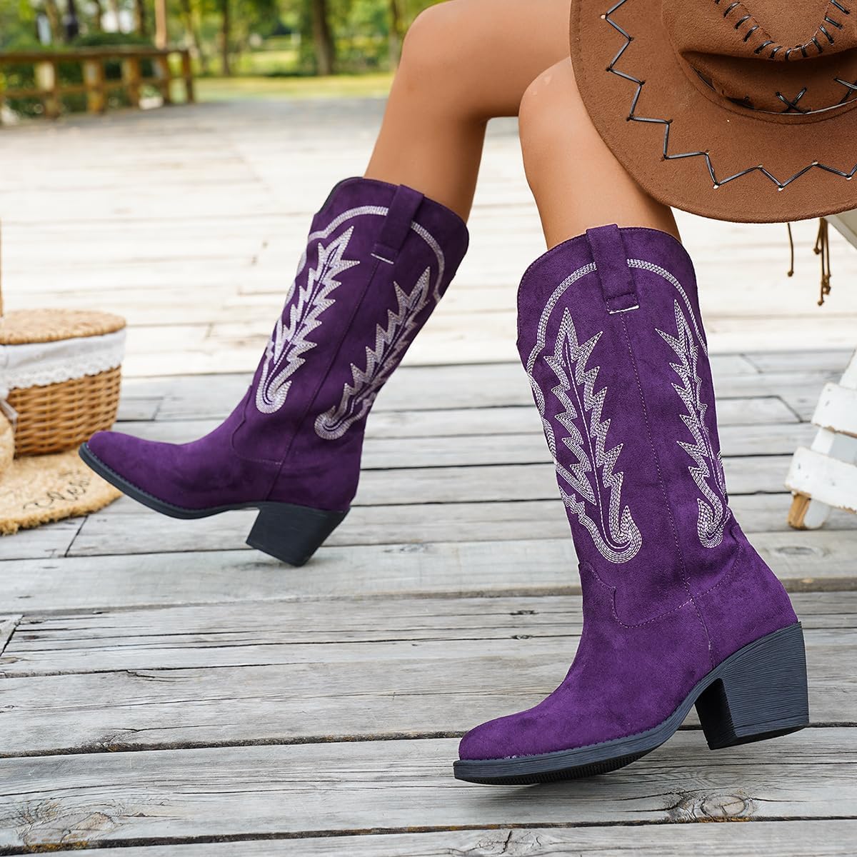 Women Cowboy Boots Comfortable Pull On Western Booties Pointed Toe Chunky Heel Cowboy Boots Pull On Womens Fashion Mid Calf Boots