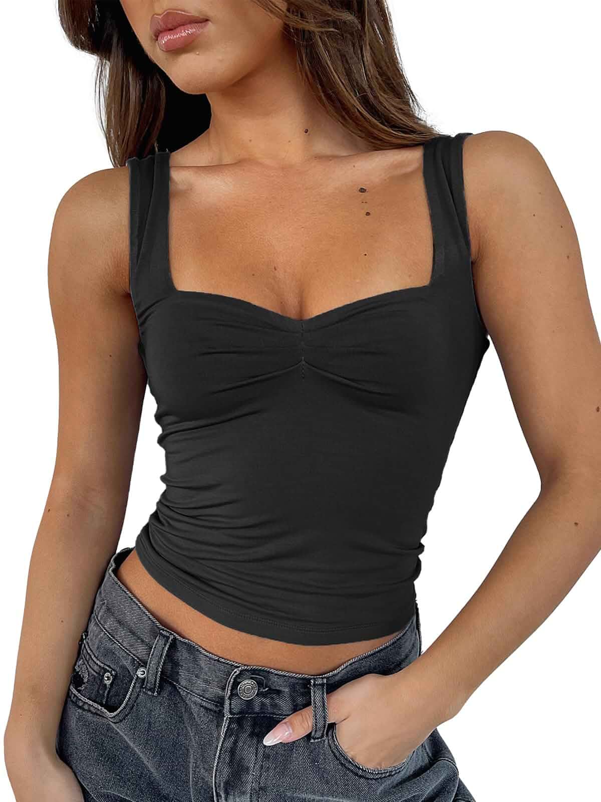 ForeFair Women Sleeveless Sexy Backless Going Out Crop Top Y2K Strappy Ruched Tank Top Summer Tight Slim Fit Cute Tops Sleeveless